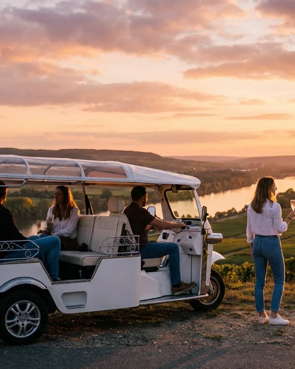 Bubbles TukTuk au coucher du soleil dans les vignes de Champagne
