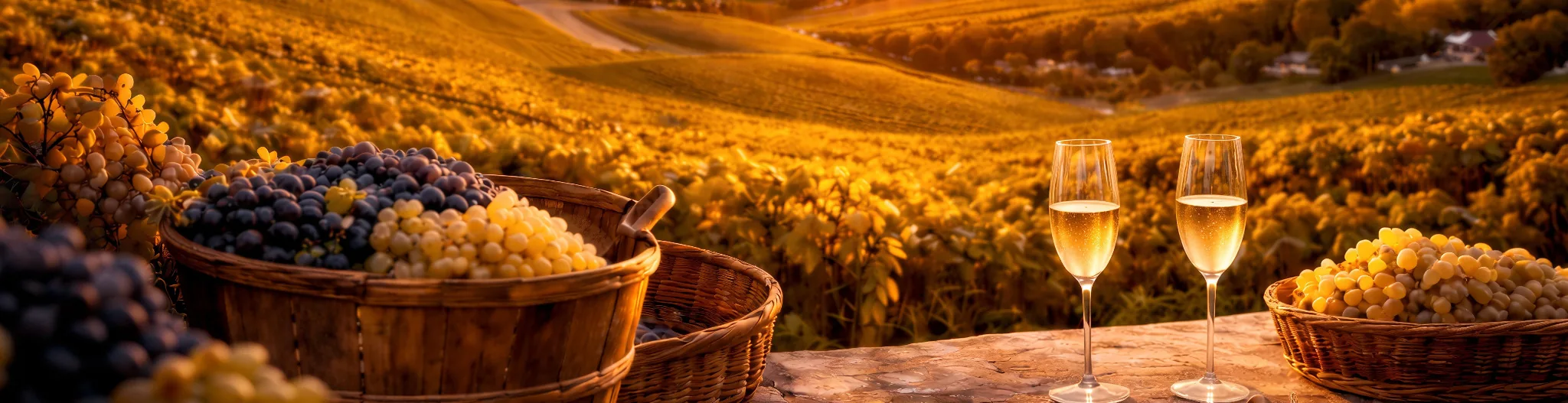 Flûtes de champagne au coucher du soleil dans les vignobles de Champagne