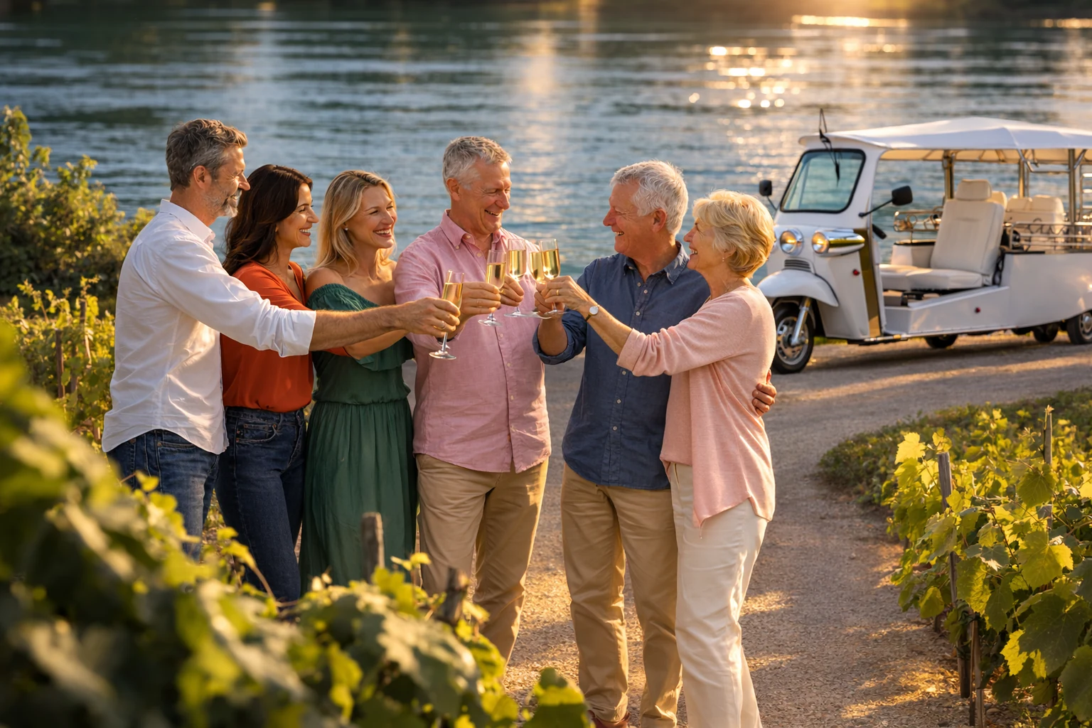 Tuk-tuk Bubbles encadré par une structure en bois dans les vignes de Champagne