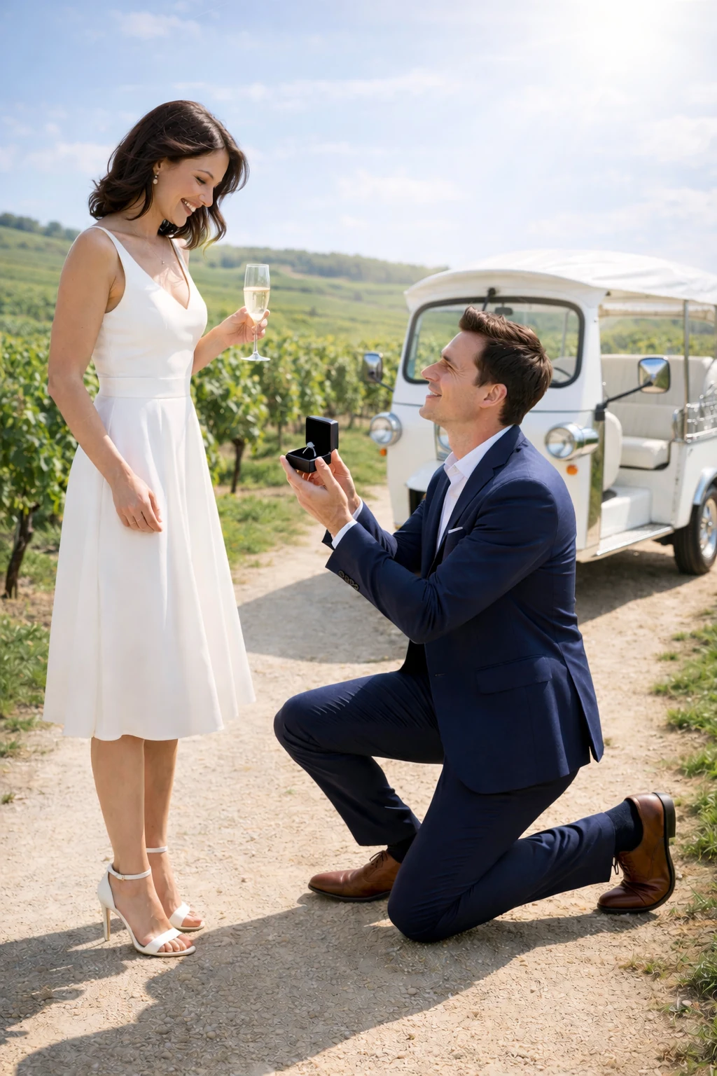 Couple en visite privée en Champagne devant un tuk-tuk Bubbles